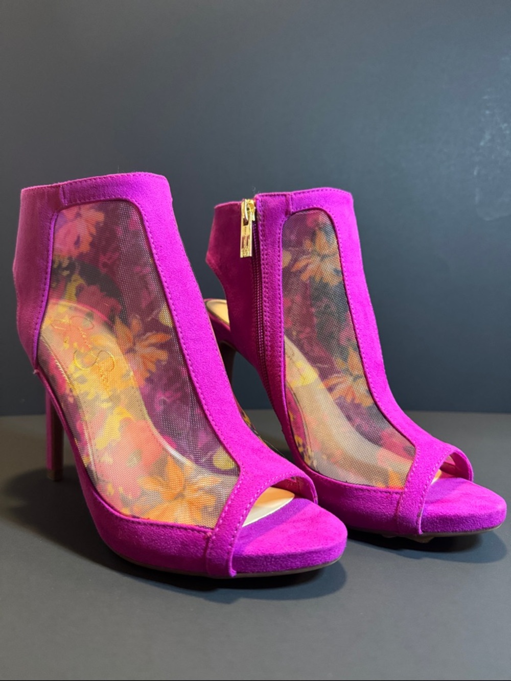 Jessica Simpson Fuchsia Mesh Peep-Toe Stiletto Booties